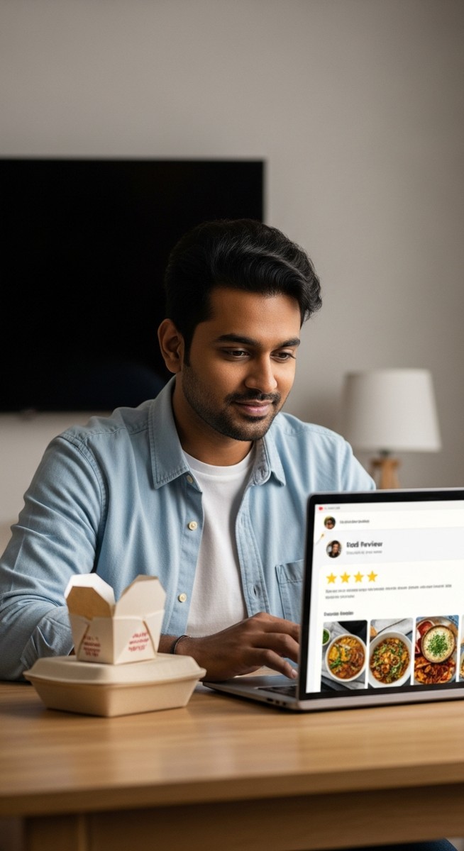 man writing a food review on a laptop with a takeaway container on his desk