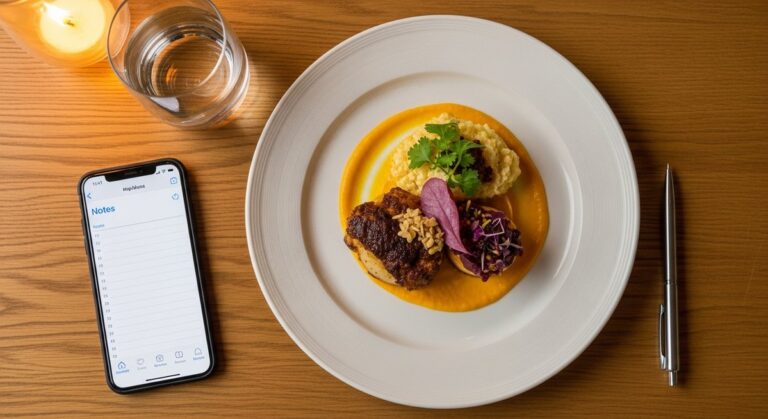 flatlay of a restaurant meal, a glass of water, a smartphone with notes open and a pen for someone getting paid to eat