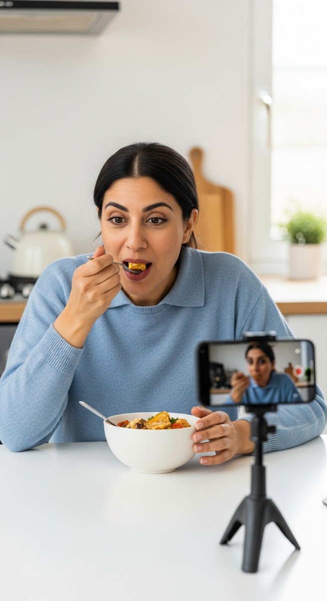 woman filming herself tasting food at a kitchen table with her phone propped up