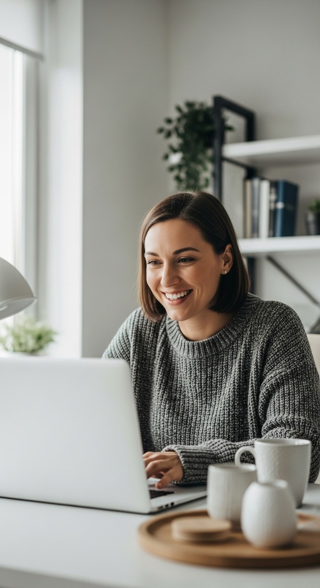 woman working confidently on her laptop at a bright home desk