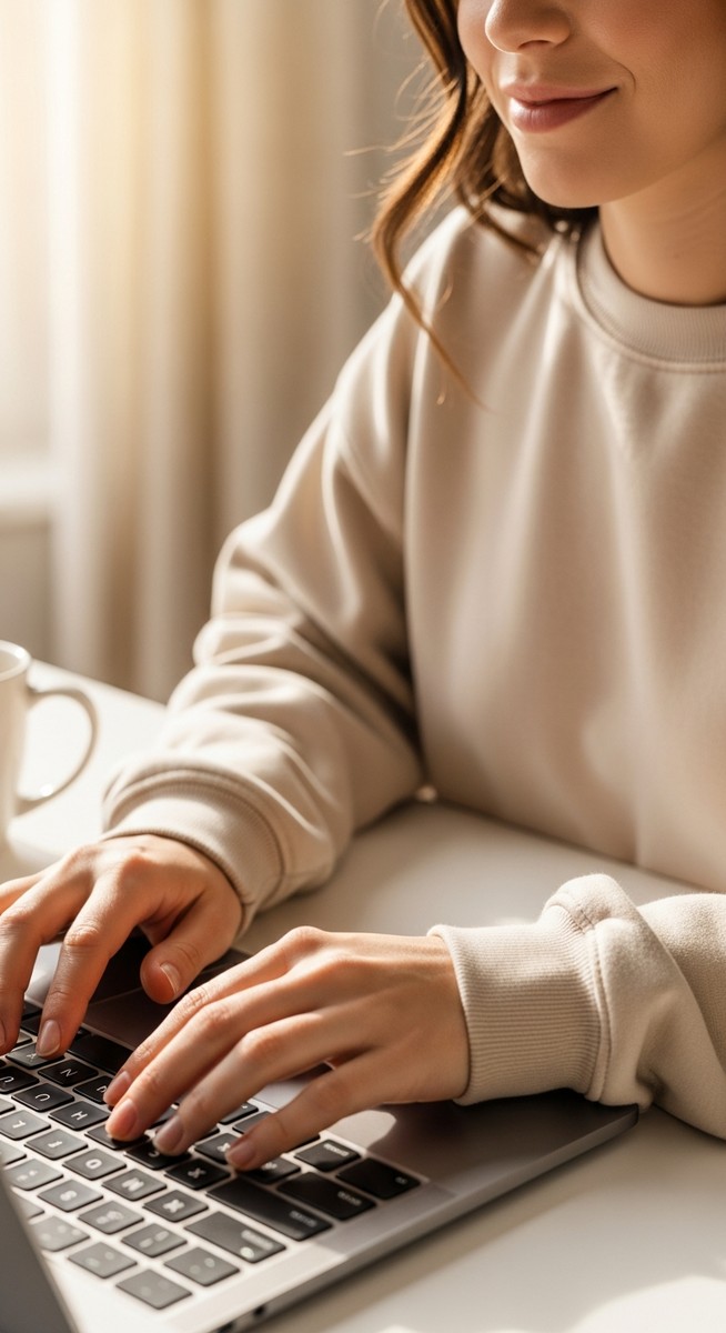 woman typing on a laptop at a bright clean desk