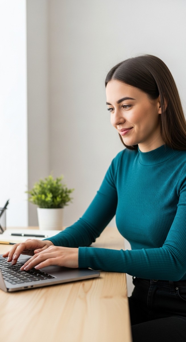 woman looking satisfied at her laptop screen at home
