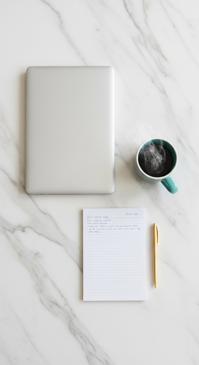 flatlay of a laptop and teal mug on a marble surface
