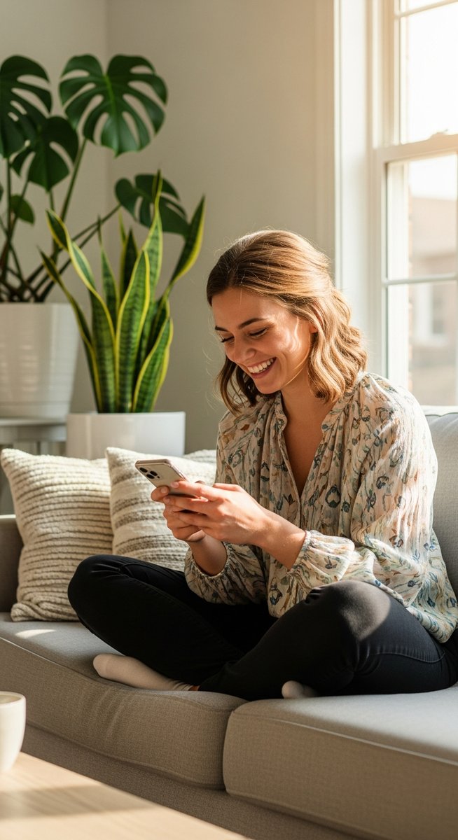 woman smiling at her phone in a bright living room