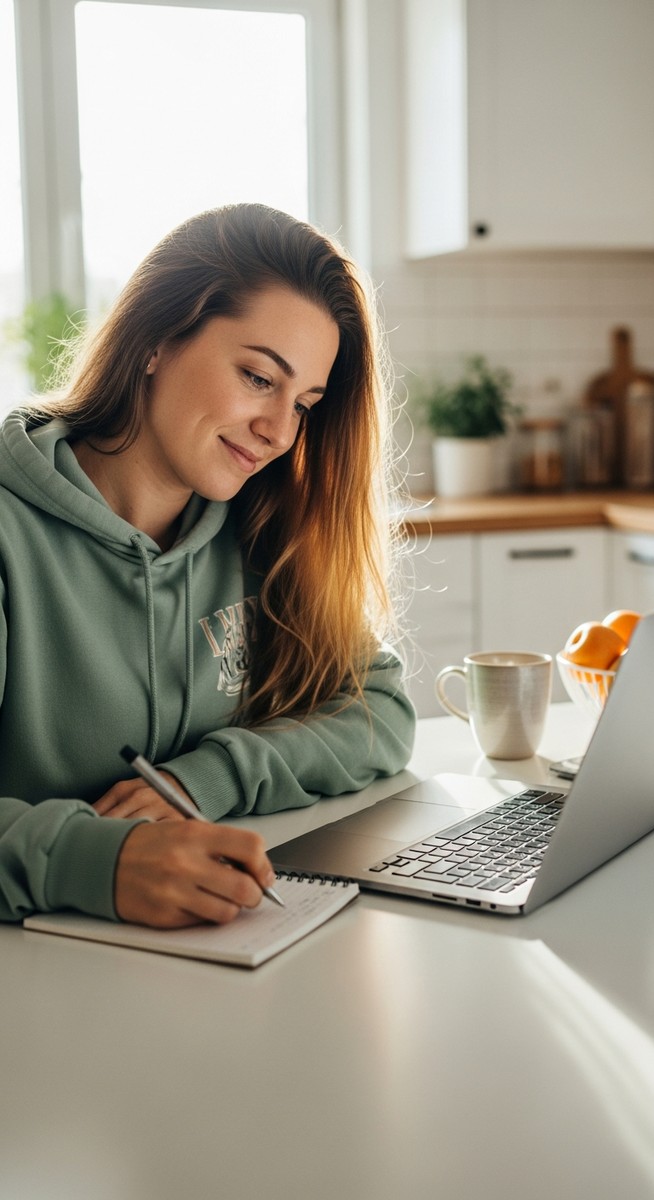 young woman taking notes next to her laptop at a kitchen table