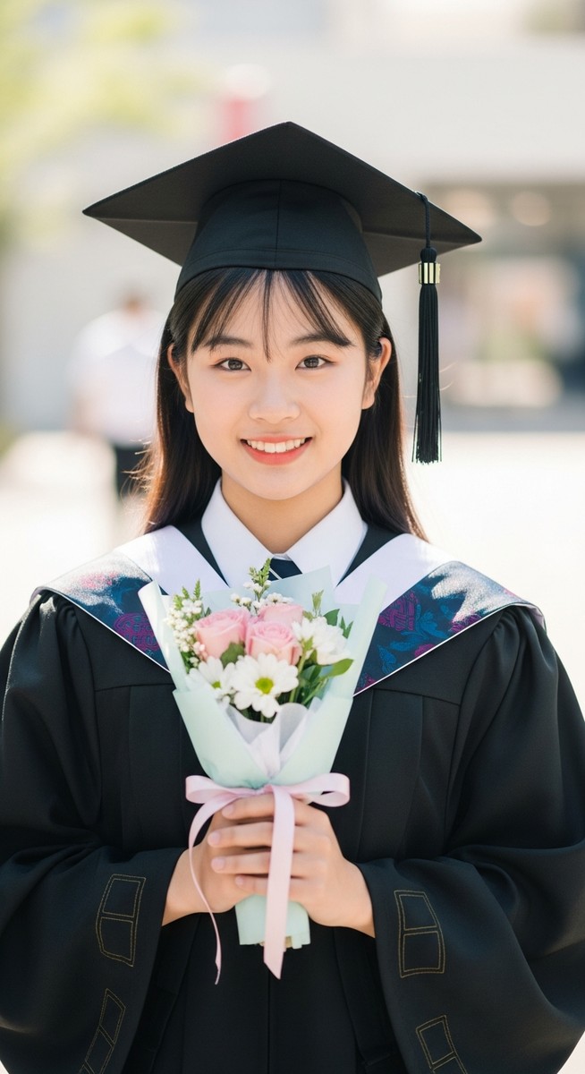 teenage girl in a graduation gown holding a small bouquet and smiling proudly