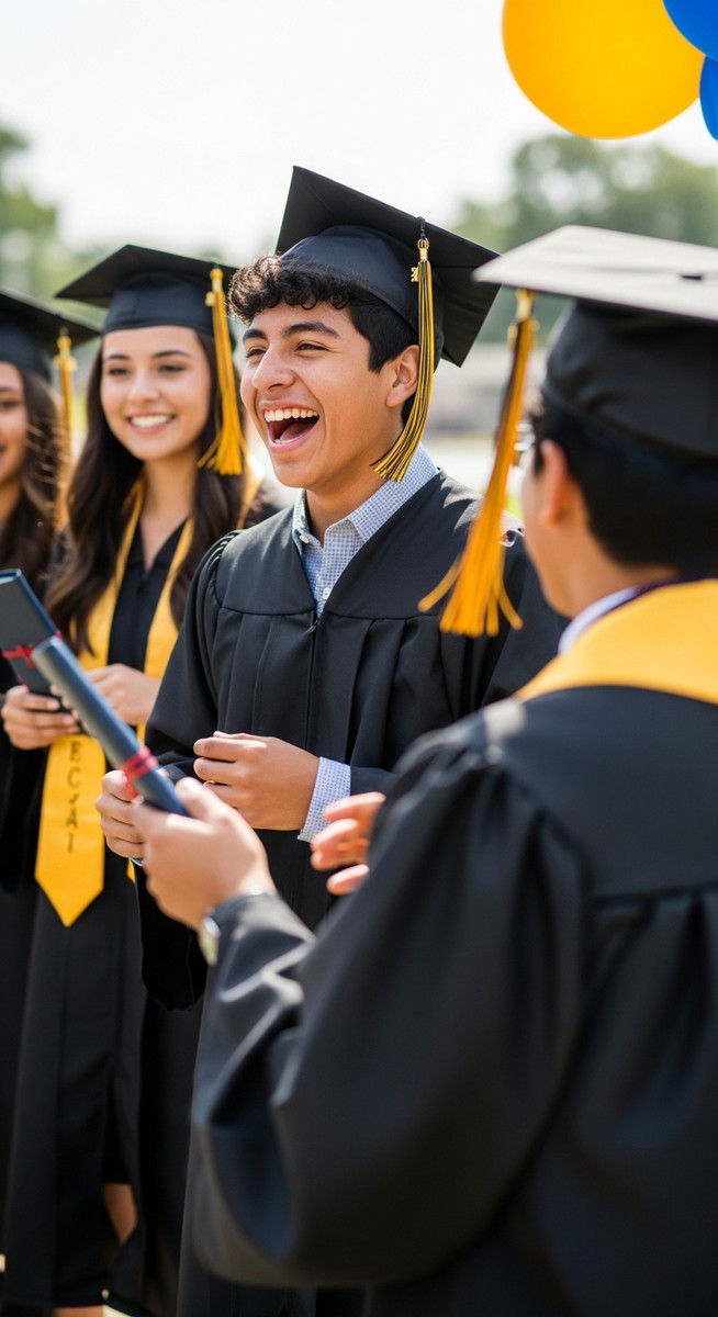 teenage boy laughing with friends in graduation caps and gowns at a celebration