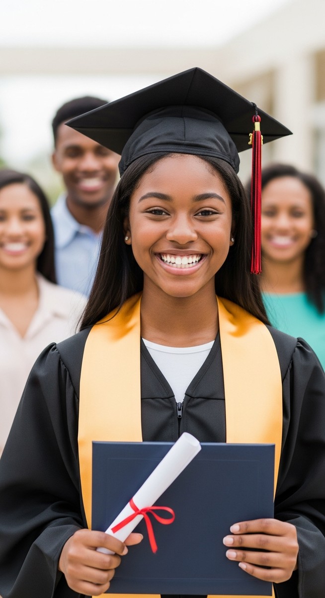 teenage girl in a graduation cap and gown smiling with a diploma and proud family behind her