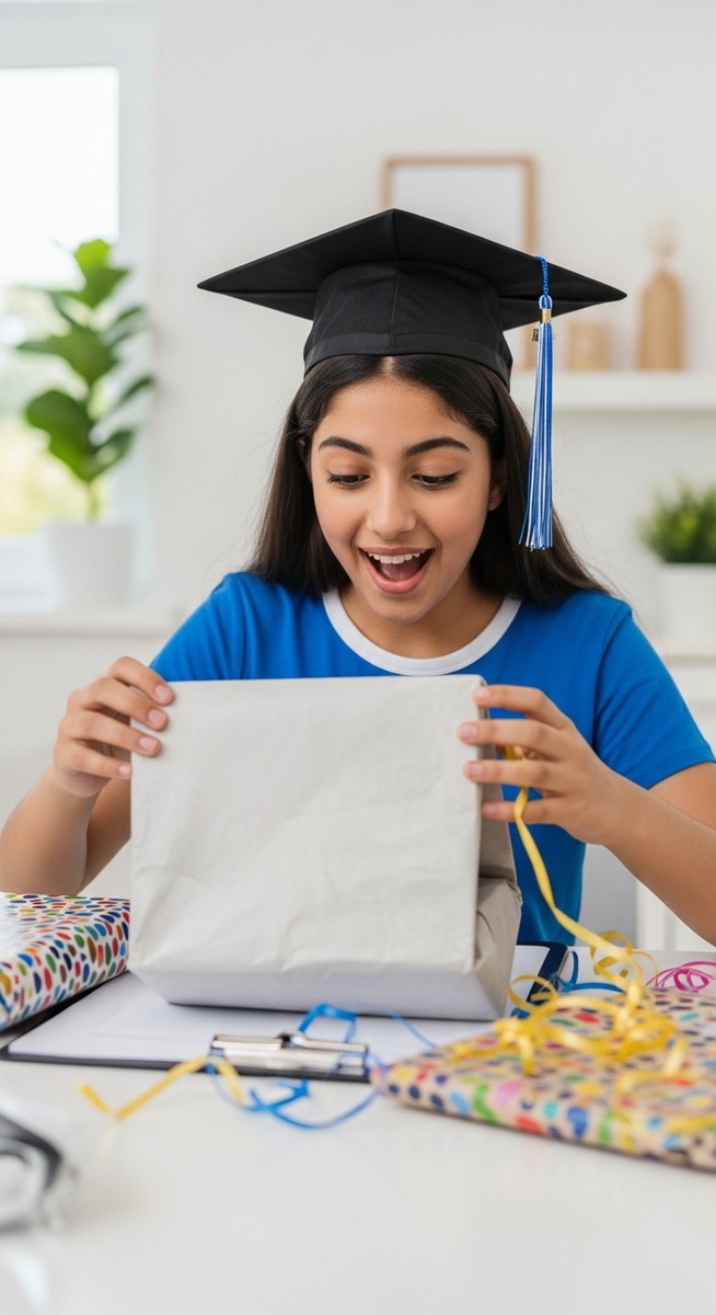 teenage girl opening a graduation gift with an excited expression at a table