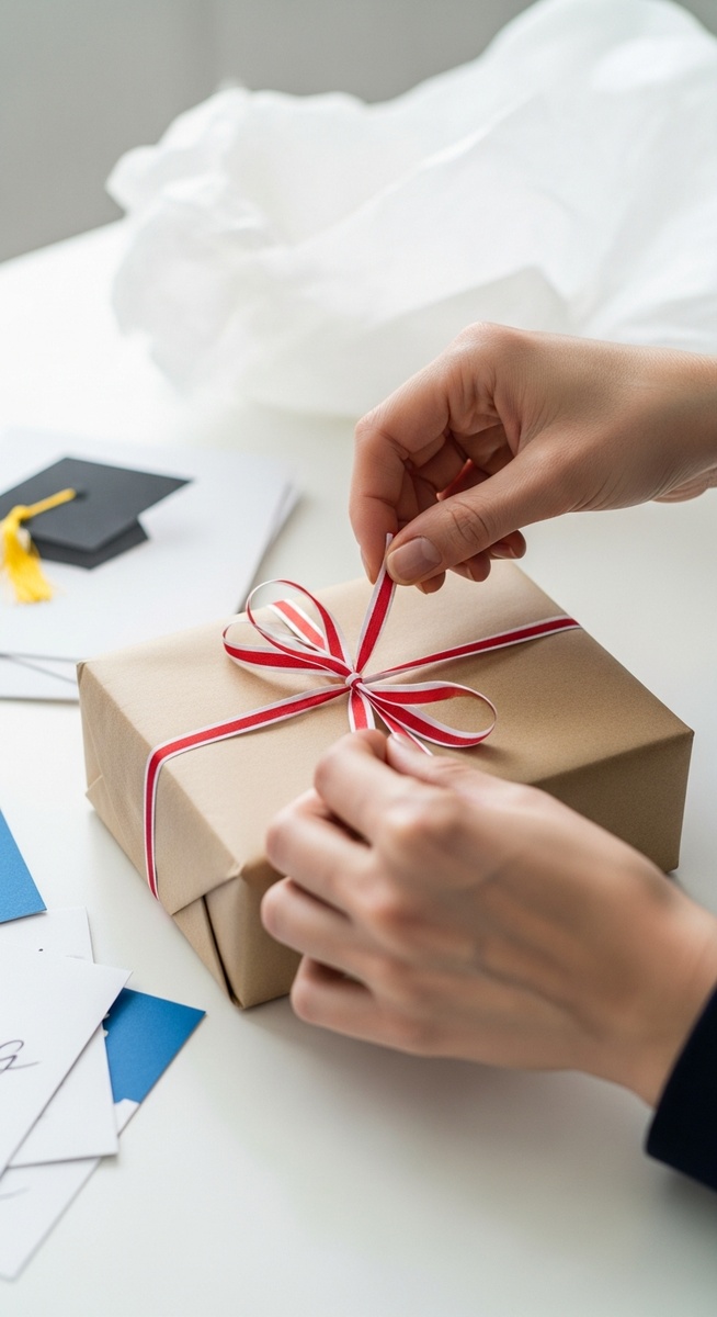 hands tying a ribbon on a wrapped graduation gift with cards and tissue paper nearby