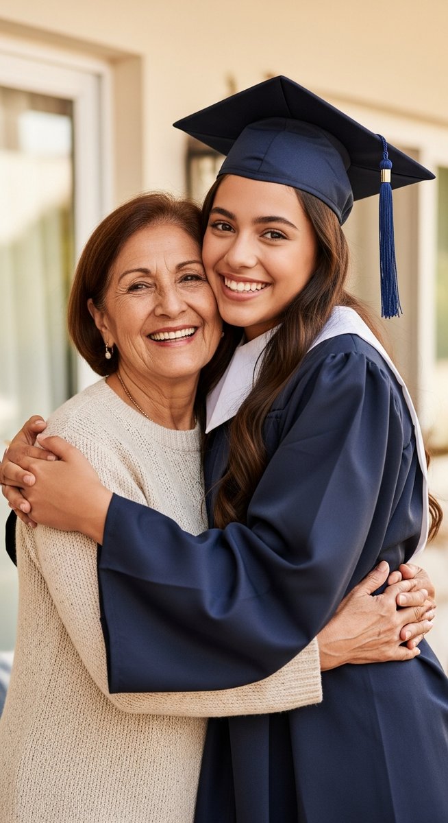grandmother hugging a teenage granddaughter in a graduation gown with big smiles
