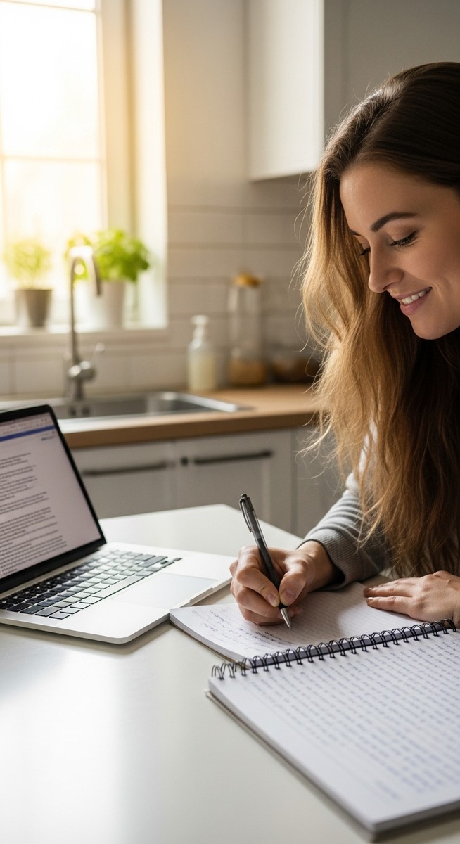a young woman taking notes next to her laptop at a kitchen table for online work