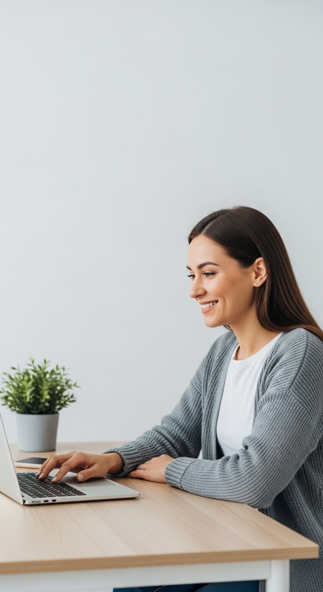 woman looking satisfied at her laptop screen at home