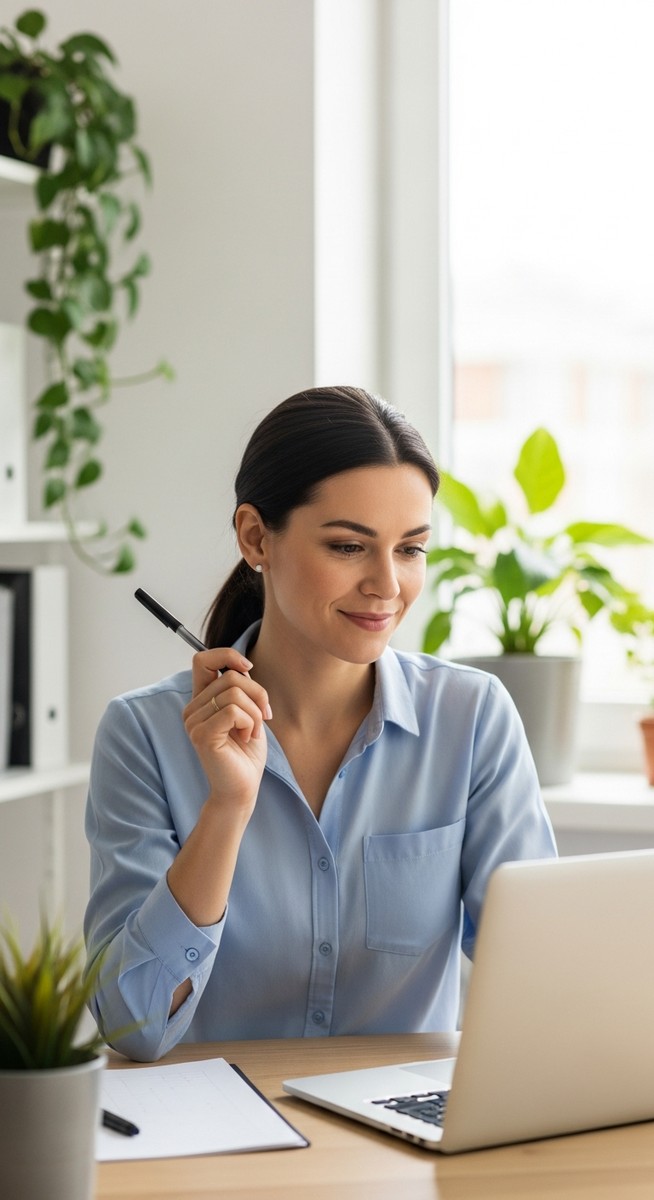 woman smiling and thinking at her home office desk