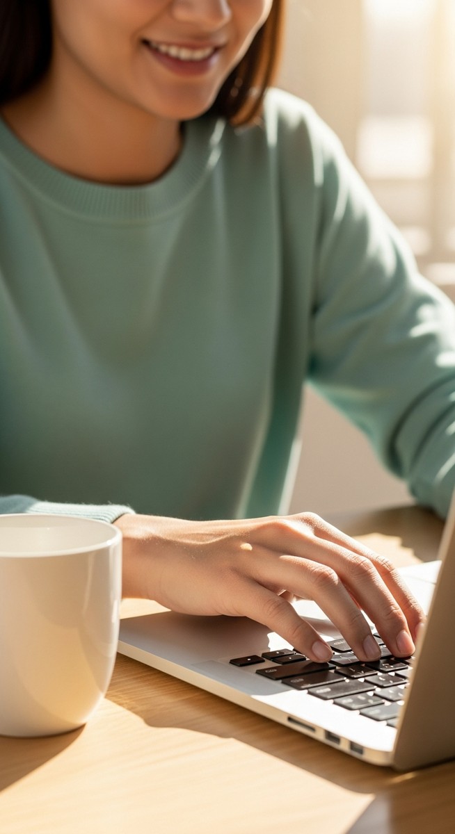 a woman typing on a laptop at a bright clean desk for online work