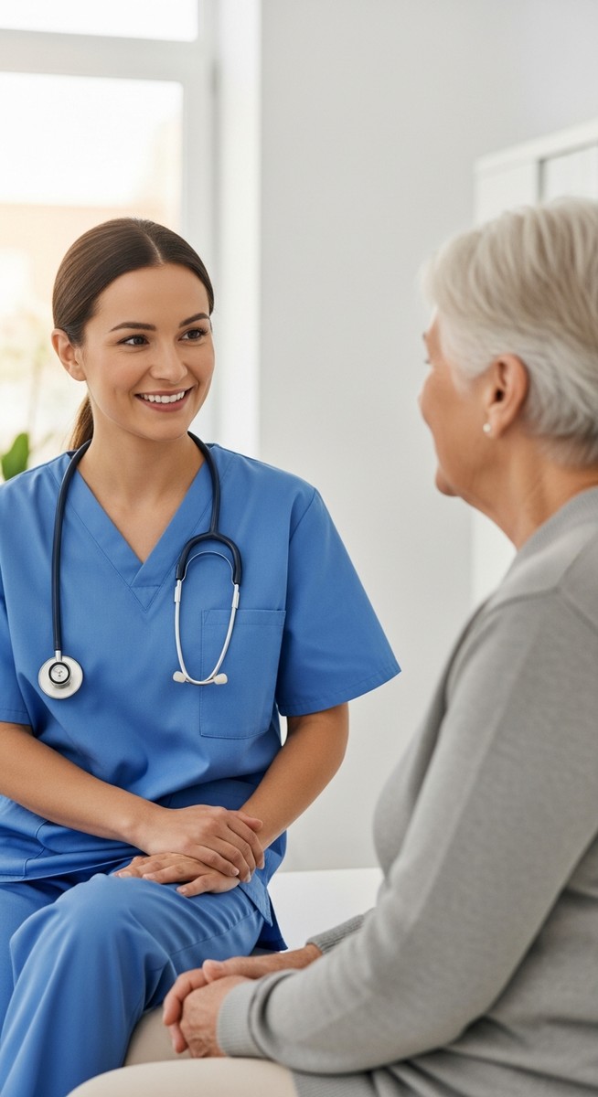 nurse talking to a patient in a bright medical clinic
