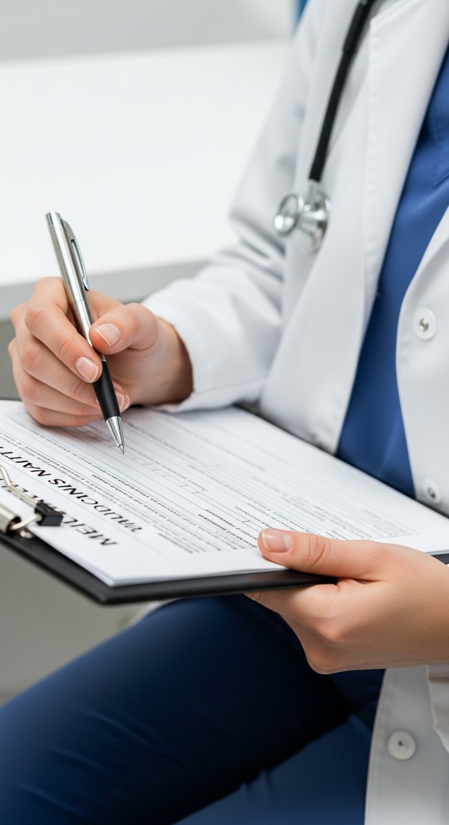 person holding a medical intake form on a clipboard