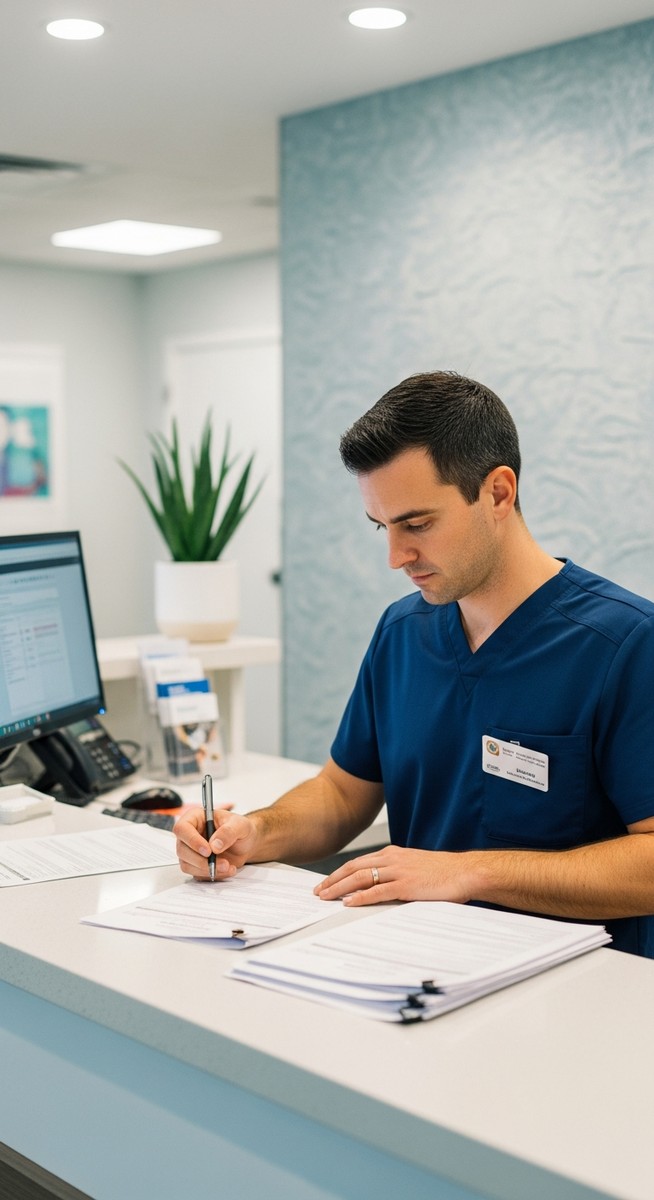medical professional reviewing paperwork at a clinic desk