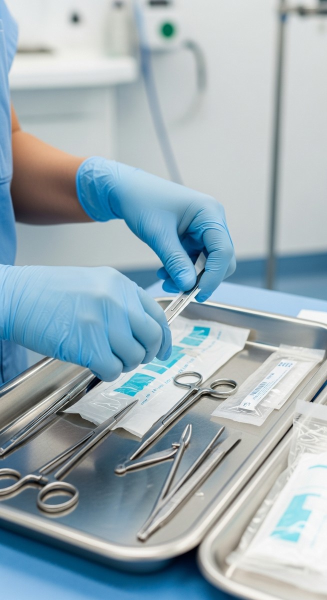 medical professional preparing equipment in a clinic