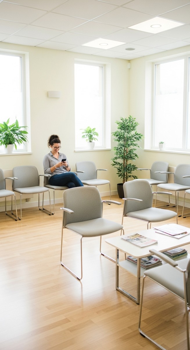 woman waiting in a bright medical clinic
