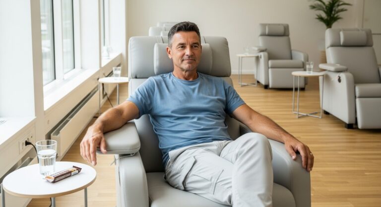 person relaxing in a medical chair at a donation clinic