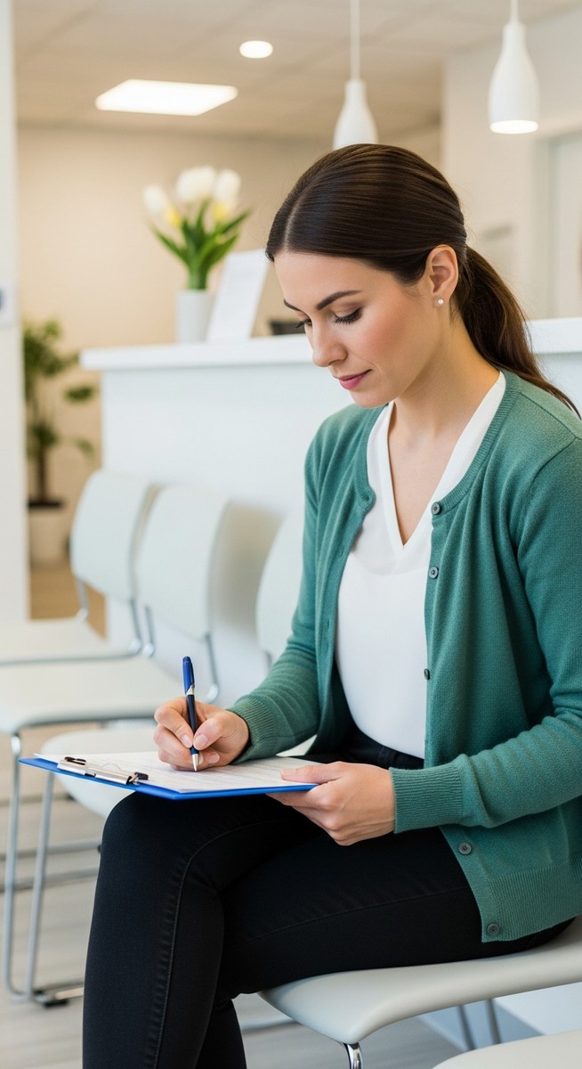 woman filling in a form in a medical clinic waiting room