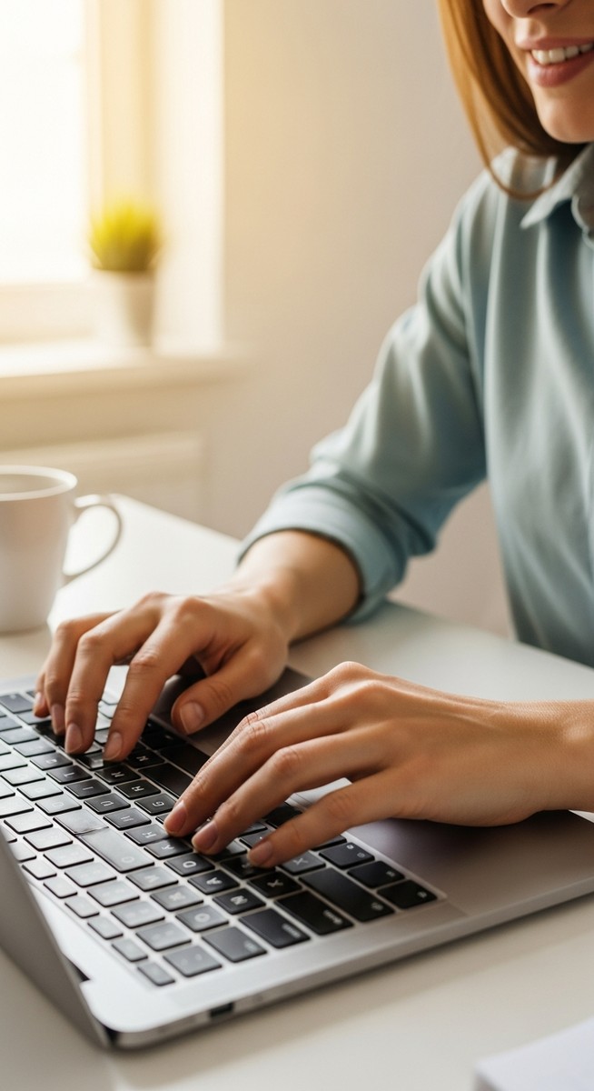 a woman typing on a laptop at a bright clean desk for budgeting