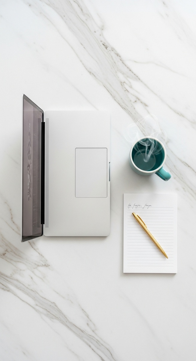 flatlay of a laptop and teal mug on a marble surface