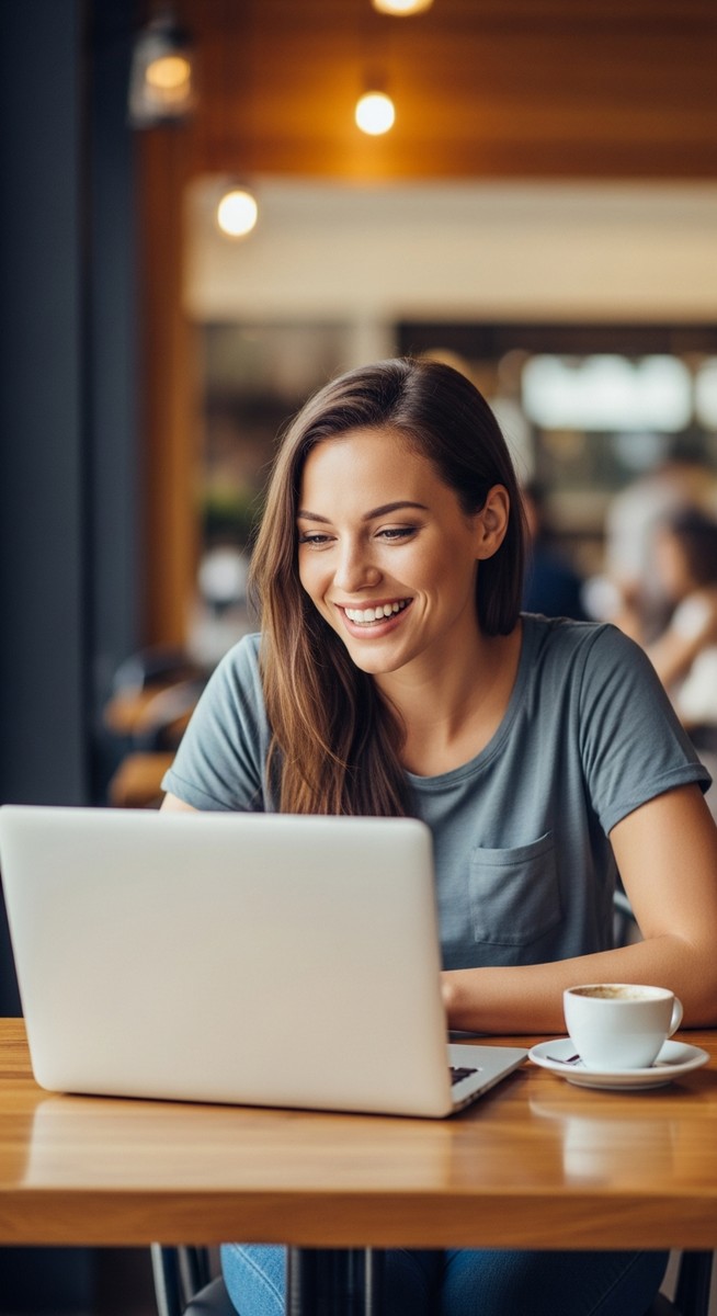 a woman working happily on her laptop for budgeting