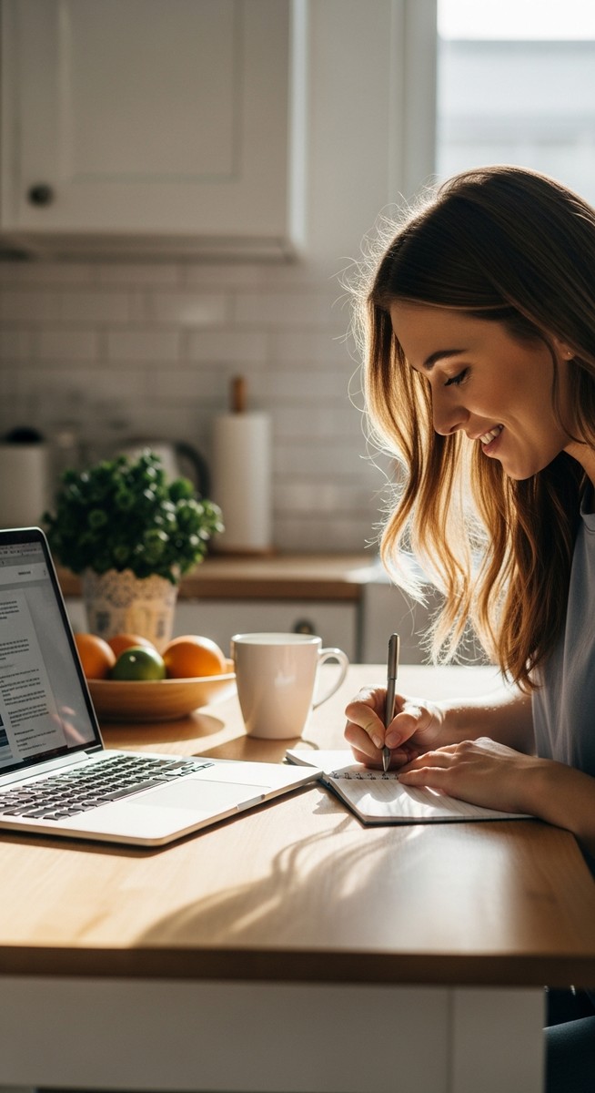 a young woman taking notes next to her laptop at a kitchen table for budgeting