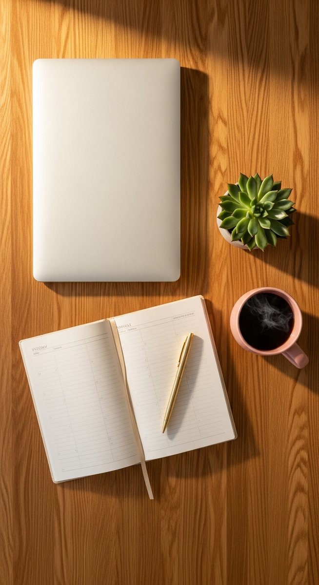 flatlay of a planner, laptop, and succulent on a wooden surface