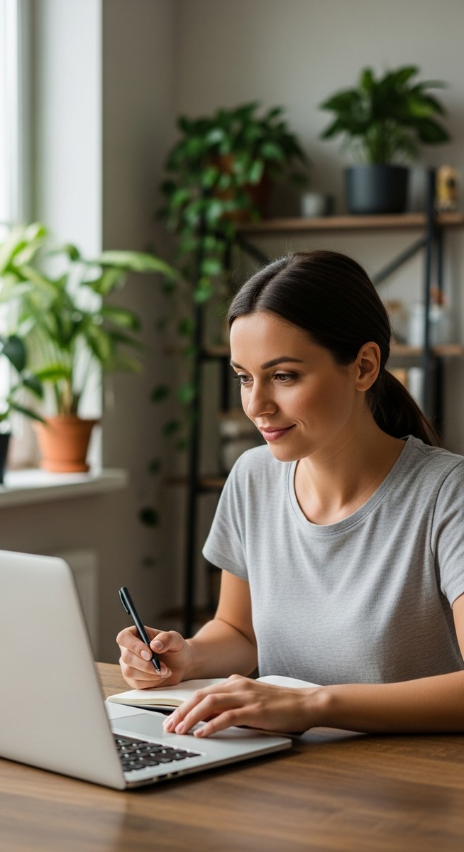 woman smiling and thinking at her home office desk