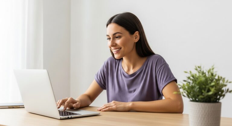 a woman looking satisfied at her laptop screen at home for budgeting