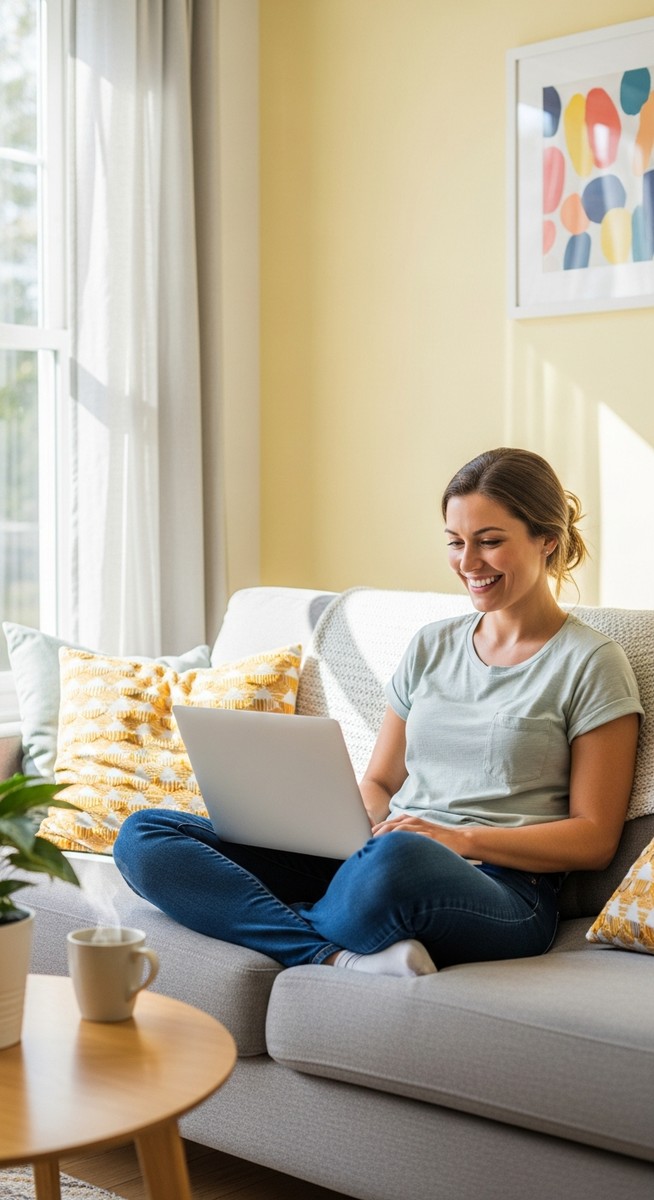 woman smiling while working on her laptop at home