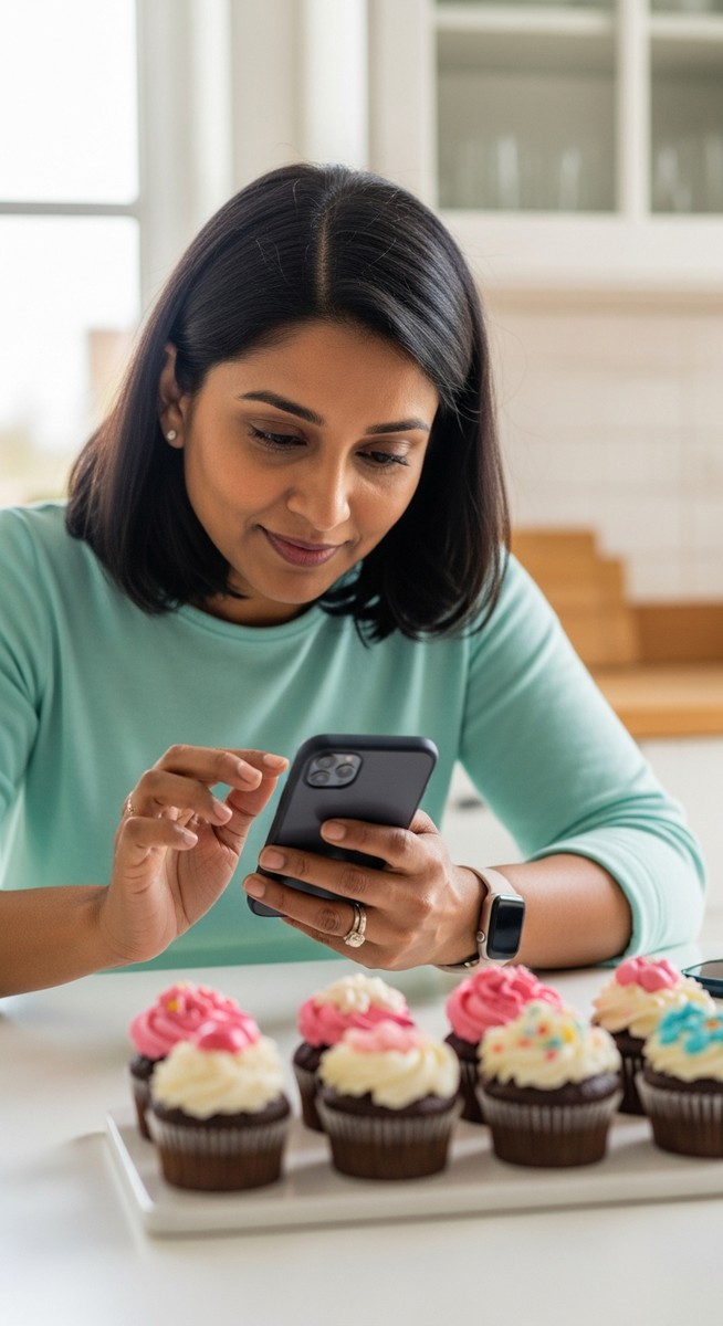 woman photographing decorated cupcakes with her smartphone at a kitchen table