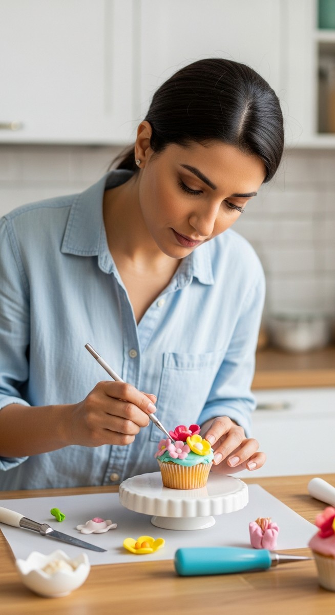 woman decorating a cupcake with fondant flowers at a kitchen counter
