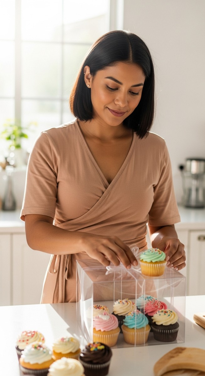 woman placing decorated cupcakes into a gift box in a bright kitchen