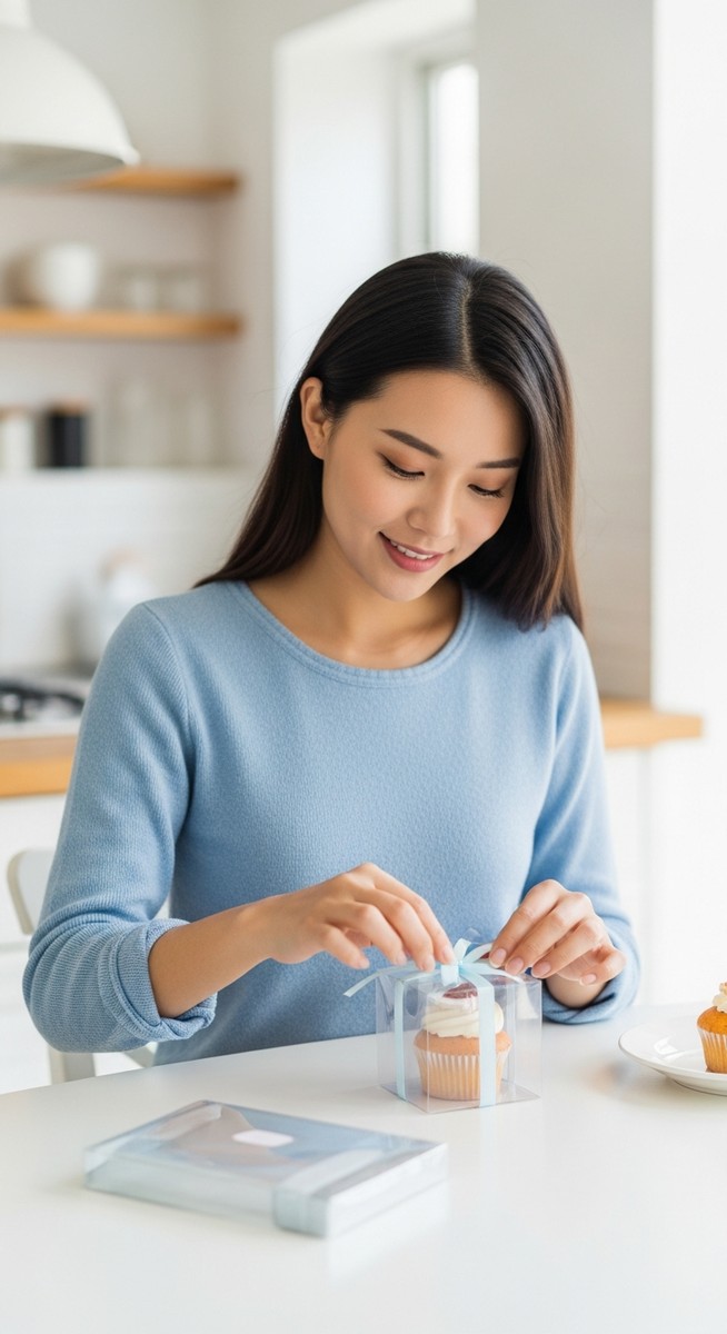 woman packaging a single cupcake into a clear box with a ribbon