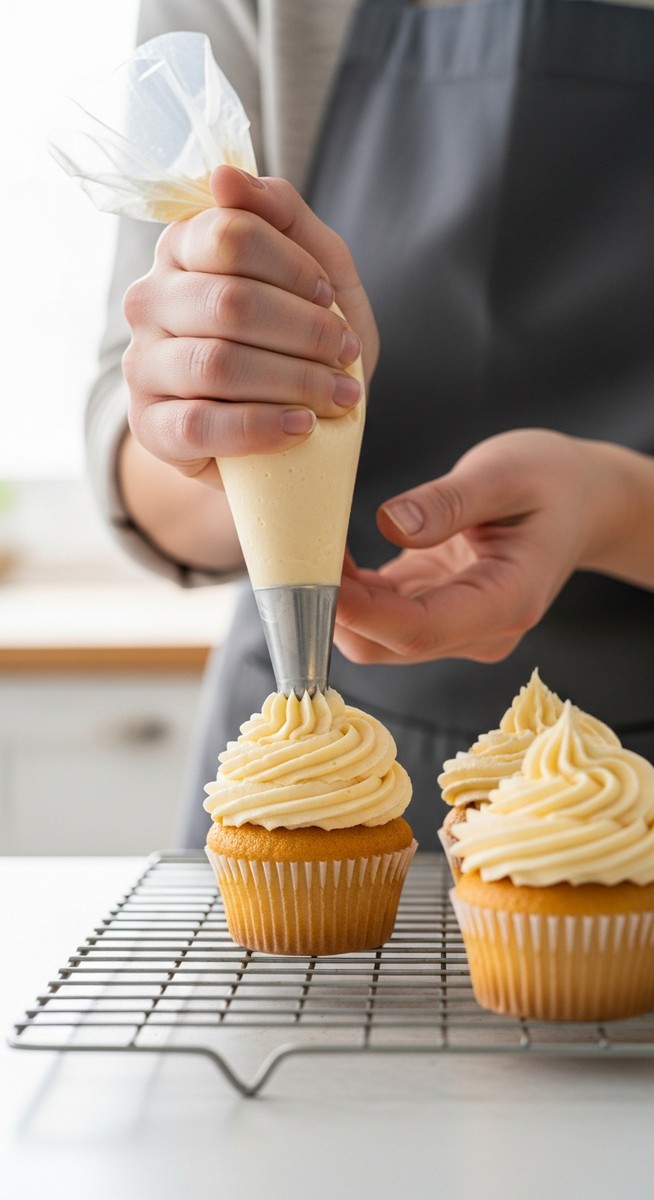 hands piping buttercream frosting onto a cupcake on a wire rack
