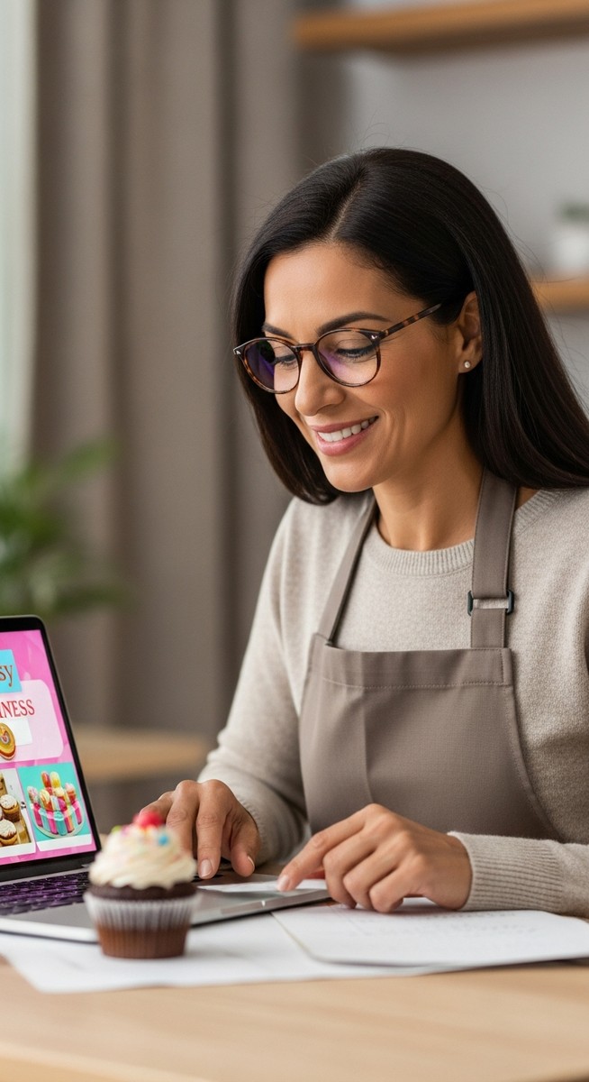 woman reviewing her small business storefront on a laptop with a cupcake beside her