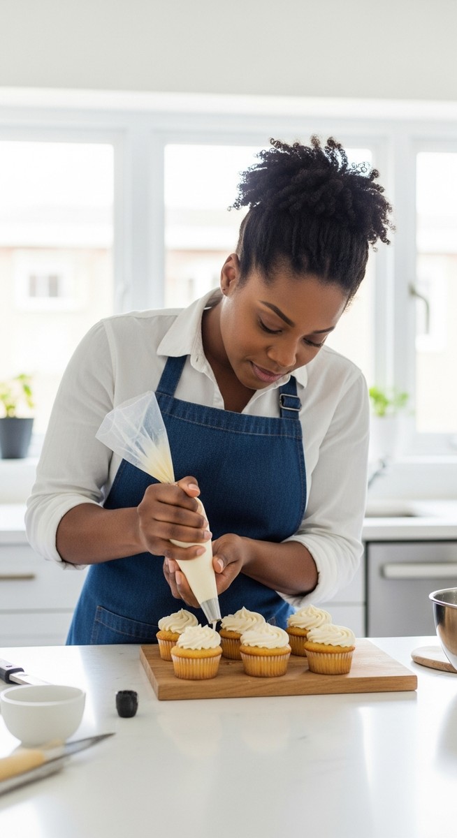woman piping frosting onto cupcakes at a kitchen counter