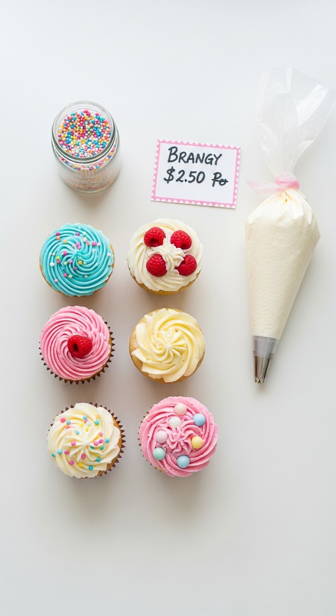 flatlay of decorated cupcakes, a piping bag, sprinkles and a pricing card on a white surface