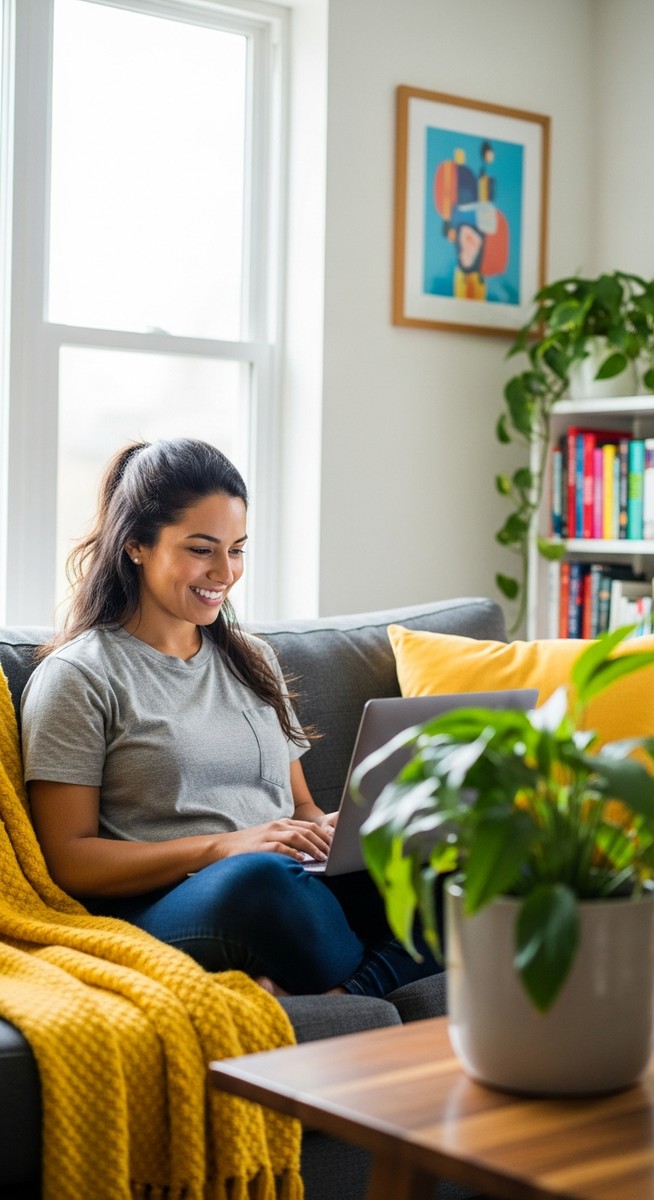 woman smiling while working on her laptop at home