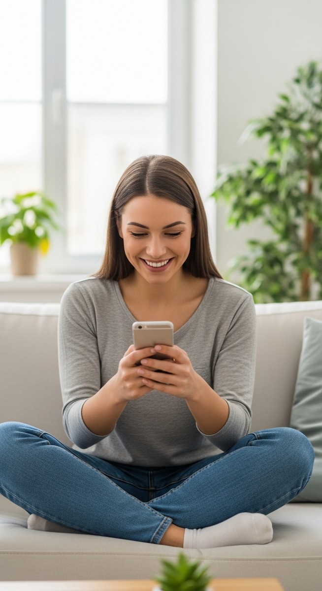 woman smiling at her phone in a bright living room