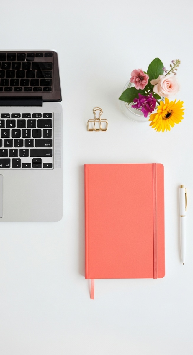 a flatlay with laptop and other items on a white surface for making and selling printables