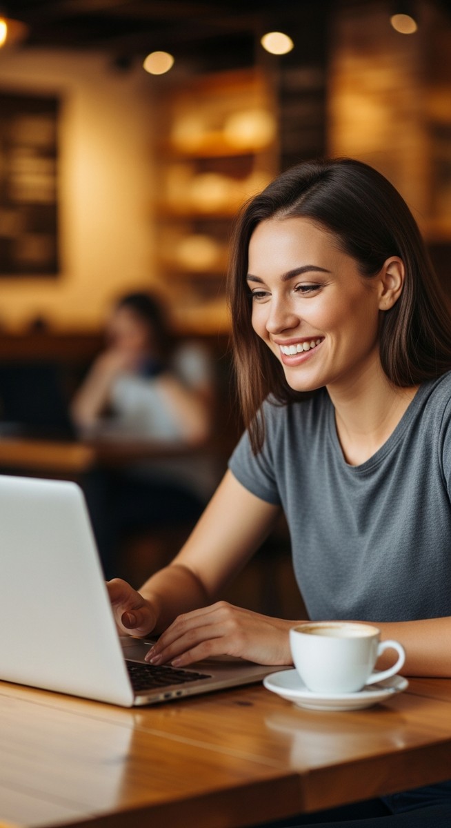 woman working happily on her laptop