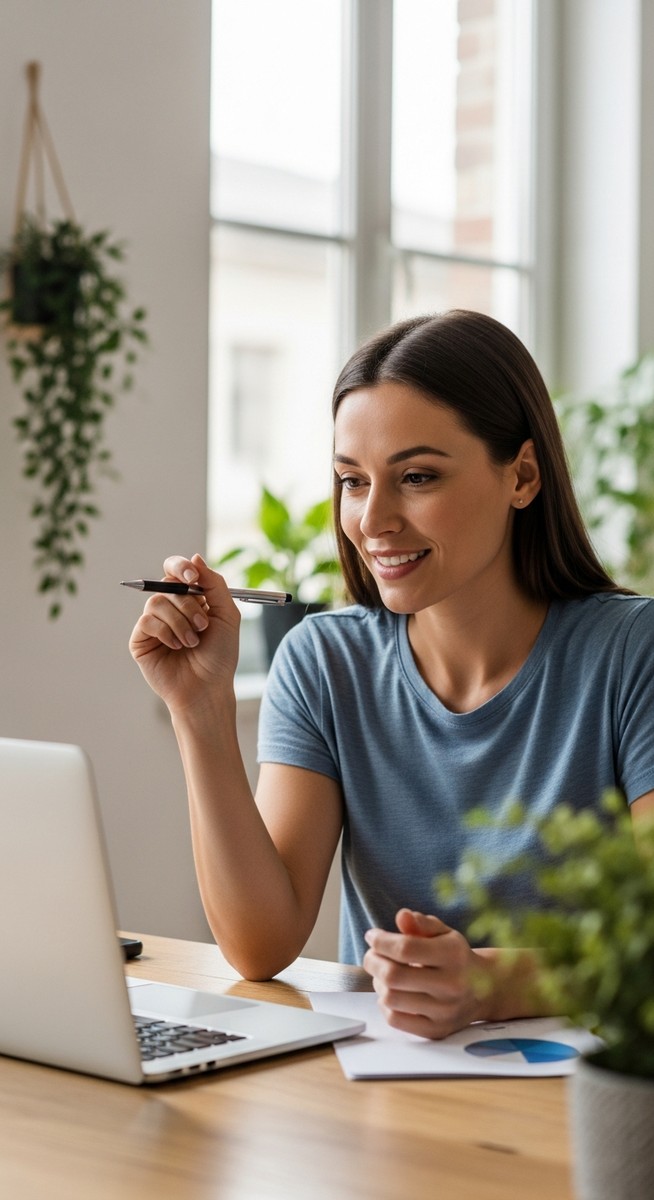 woman smiling and thinking at her home office desk
