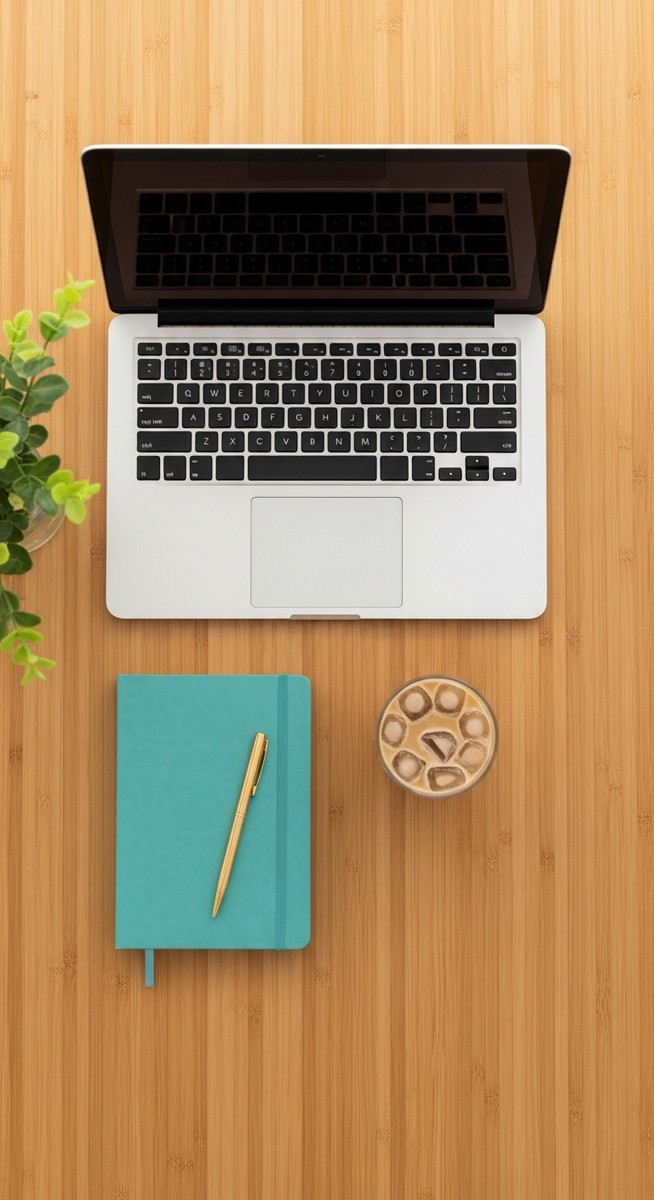 a flatlay of a laptop and teal notebook on a wooden desk for making and selling printables