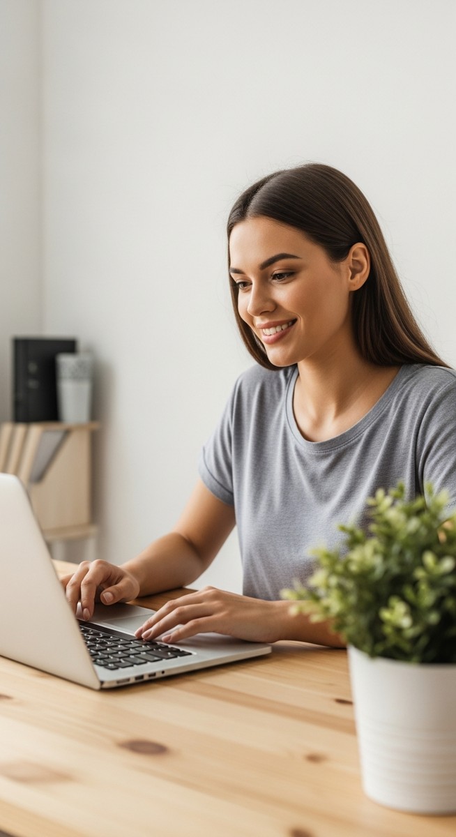 woman looking satisfied at her laptop screen at home
