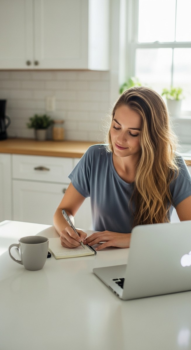 young woman taking notes next to her laptop at a kitchen table